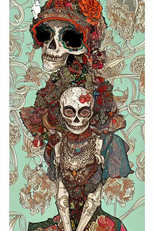 Image similar to skull portrait girl female skeleton illustration detailed patterns art of thai traditional dress, pop art, splash painting, art by geof darrow, ashley wood, alphonse mucha, makoto shinkai