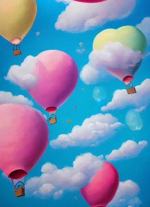 Prompt: detailed painting that is beautiful and whimsical with cotton candy clouds and balloon hearts and flowers inside