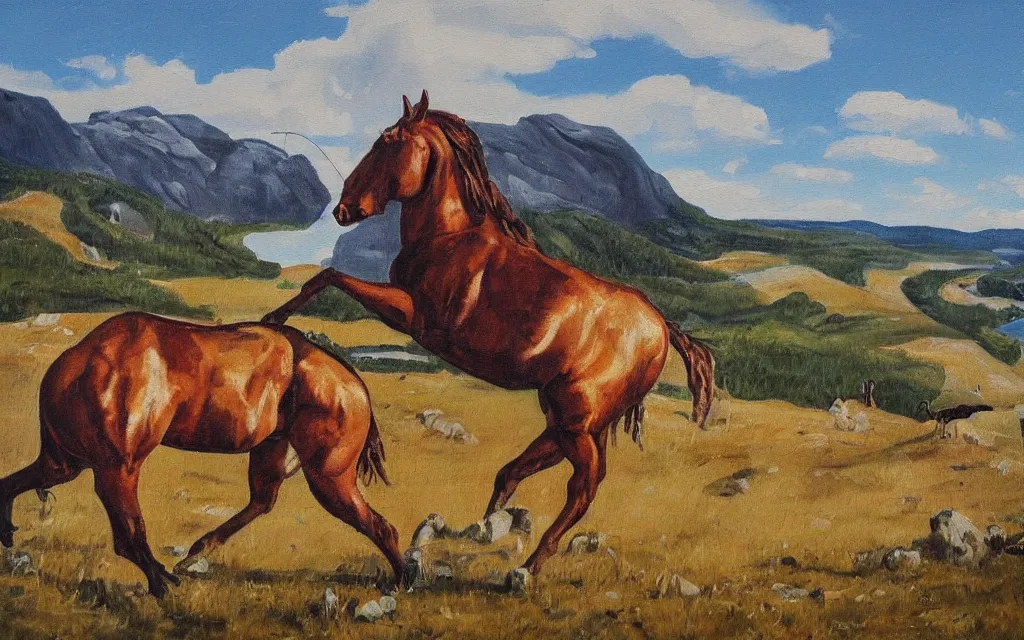 Image similar to a painting of a crazy horse during a heatwave in norway countryside, oil on canvas, by constantin hansen