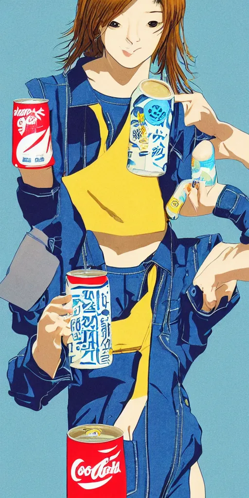 Image similar to y 2 k aesthetic japanese pop - culture magazine illustration, girl in tank - top and denim jump suit holding a can of soda near her smiling face