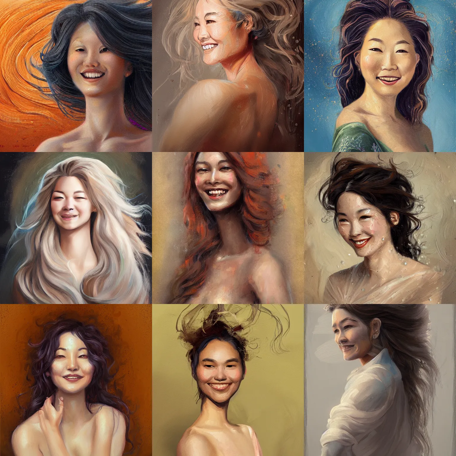 Prompt: painting of an elegenant sophoisticated woman with a mysterious smile and flowing hair by christopher jin baron, impasto, intricate, elegant, highly detailed, digital painting, artstation, concept art