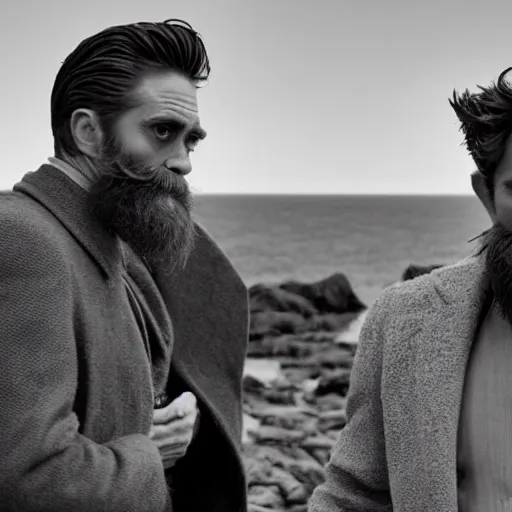 Image similar to Willem Dafoe with a beard and Robert Pattinson with a moustache in The Lighthouse (2019), high contrast, black and white cinematography