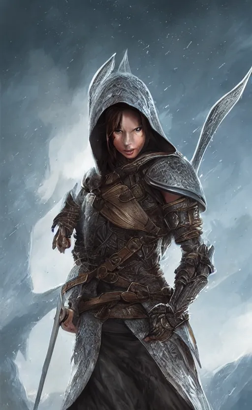 Image similar to a hooded female ranger, d & d, full body, 8 k, hyperrealistic, dragon slayer, hyperdetailed, fantasy portrait by laura sava
