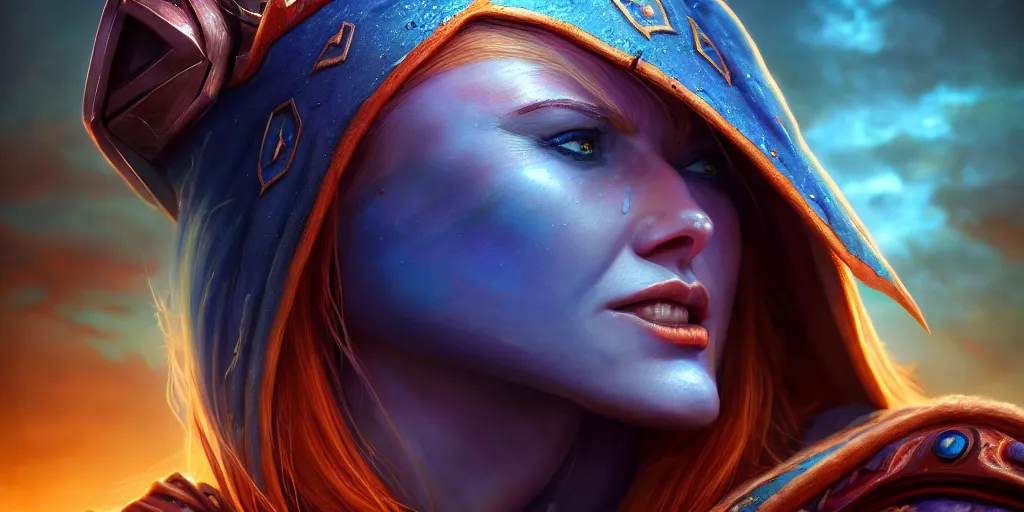 Image similar to hyperrealist distant portrait of sylvanas windrunner on a blue planet where it rains colors. by bayard wu, fantasy, photorealistic, octane render, unreal engine, dynamic lighting, trending on artstation, poster, volumetric lighting, very detailed faces, 4 k, award winning