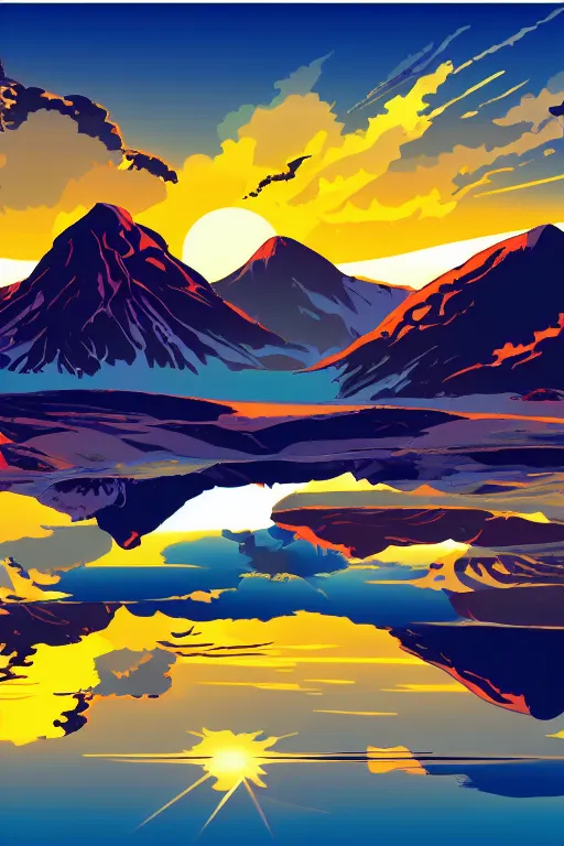 Image similar to sunrise mountain water vector illustration digital art by frankentoon studio trending on artstation