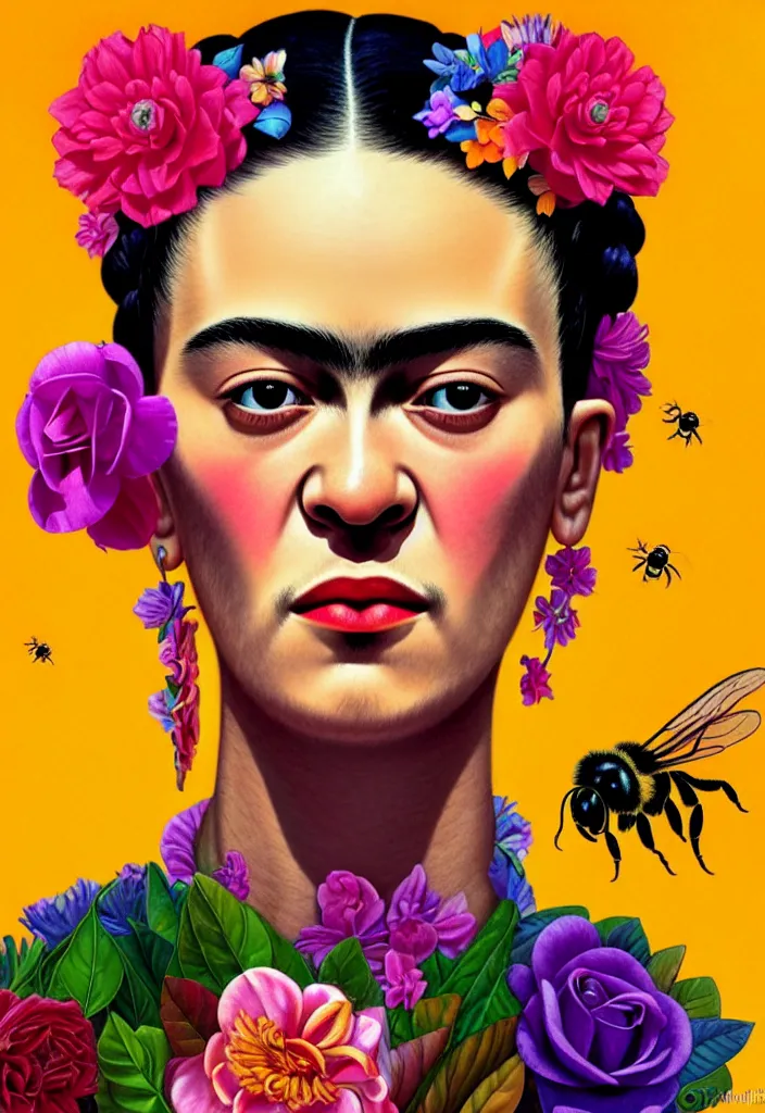 Image similar to young beautiful frida kahlo, gorgeous face, vaporwave aesthetic, synthwave, colorful, psychedelic, artstation, flowers, bees, ribbons, concept art, smooth, extremely sharp detail, finely tuned detail, 8 k, unreal engine 5, ultra sharp focus, illustration, art by artgerm and greg rutkowski and alphonse mucha