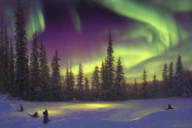 Image similar to beautiful nature, winter, night, norhtern lights, aurora borealis, hyperdetailed, focused, cinematic lighting, oil painting, colorful, canvas, artstation, Albert Bierstadt, Hans Dahl, Theodor Kittelsen, Hermann Hendrich, Konstantin Yakovlevich Kryzhitsky