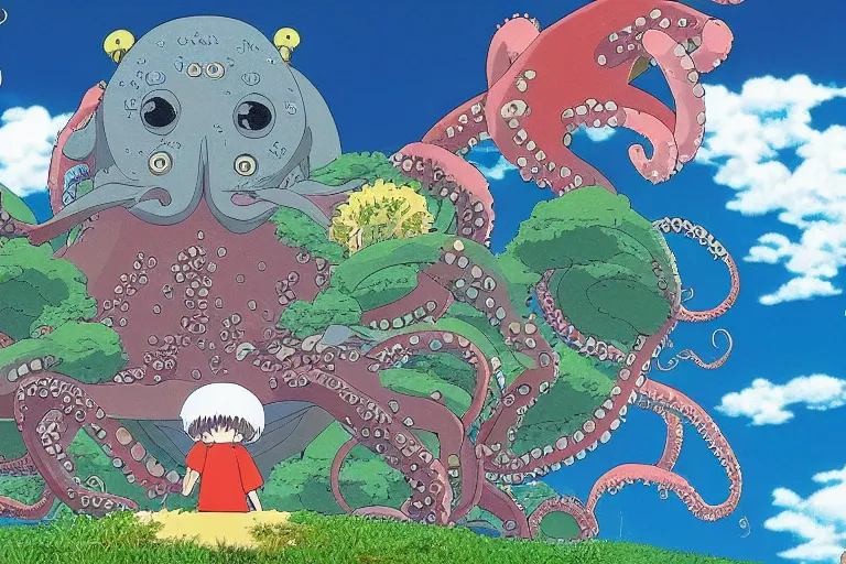 Image similar to screenshot from the studio ghibli film, my neighbor octopus, miyazaki movie, hi res 4 k animation