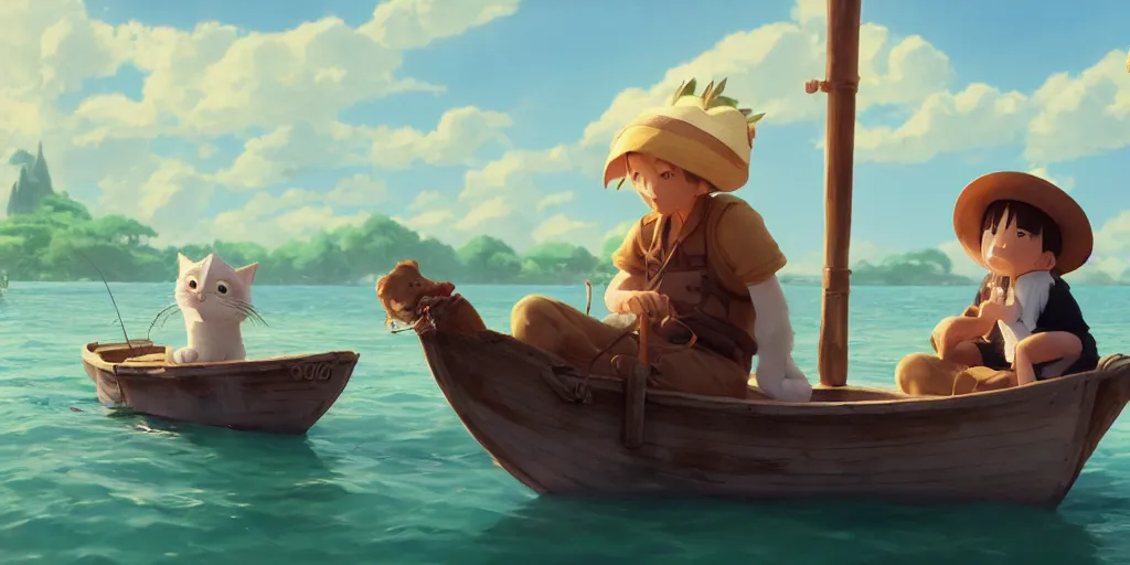 Image similar to a wholesome animation key shot of a cute cat on a fishing boat wearing a sunhat, studio ghibli, pixar and disney animation, sharp, rendered in unreal engine 5, anime key art by greg rutkowski, bloom, dramatic, dynamic lighting