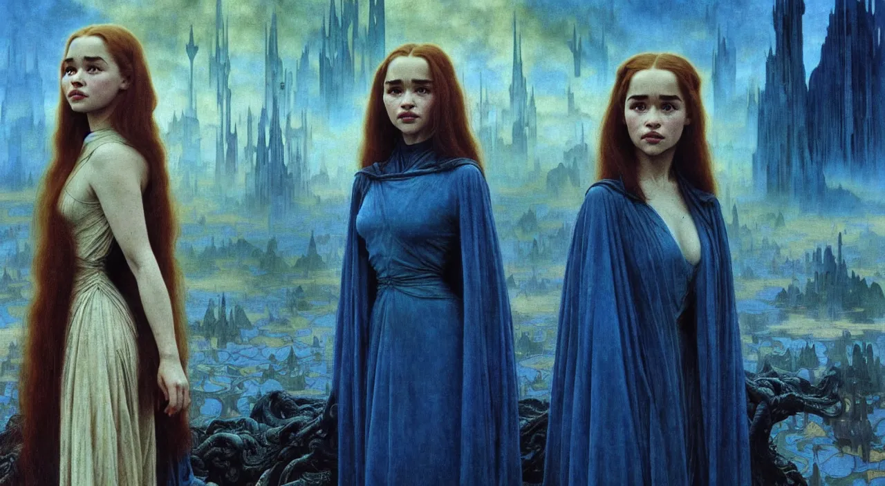 Image similar to realistic detailed portrait movie shot of a young woman who is a mix of emilia clarke and dove cameron wearing dark robes, sci fi city landscape background by denis villeneuve, amano, yves tanguy, alphonse mucha, ernst haeckel, max ernst, roger dean, masterpiece, rich moody colours, blue eyes, occult