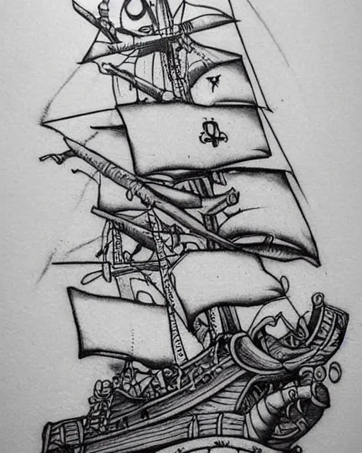 Image similar to A tattoo design on paper of a pirate ship, on paper, black and white, highly detailed tattoo, realistic tattoo, realism tattoo