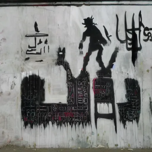 Image similar to arabic calligraphy, transylvanian folk art, in the style of graffiti, made by jean michel basquiat, made by banksy