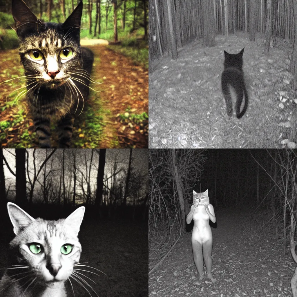 Prompt: catgirl caught on midnight trail cam