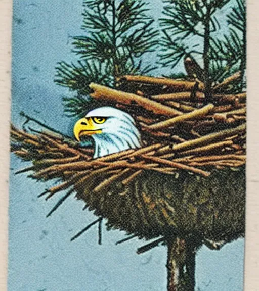 Prompt: damaged postcard of 'an eagle in the nest of a snowy pine tree' laying on table, zoomed out shot