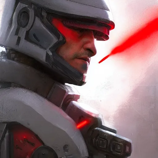 Prompt: portrait of a man by greg rutkowski, a soldier of the galactic federation wearing a gray and red tactical gear, star wars expanded universe, highly detailed portrait, digital painting, artstation, concept art, smooth, sharp foccus ilustration, artstation hq