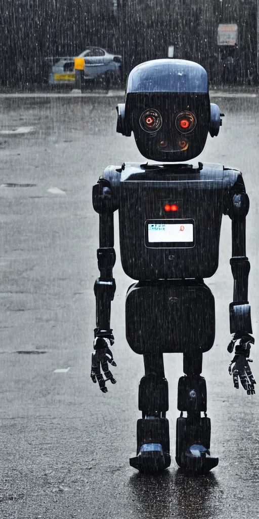 Image similar to robot on the road, city, photo, rain,