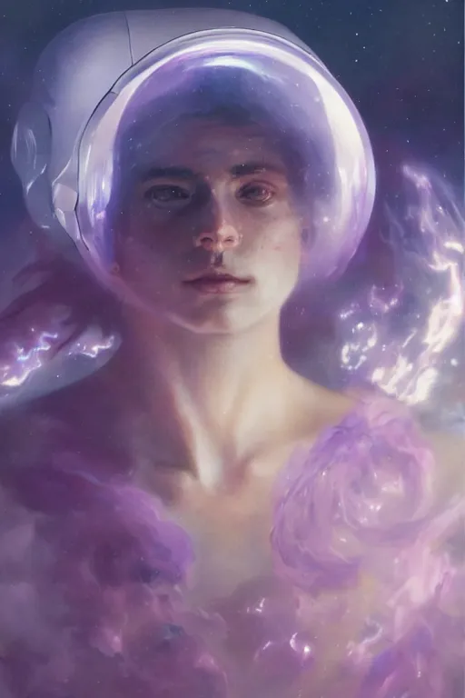 Image similar to A mystical mesmerizing 8k hyperrealistic Photo Portrait of an astronaut transforming into a purple haze, soft, sharp focus, detailed, art by Greg Rutkowski and artgerm and Alphonse Mucha