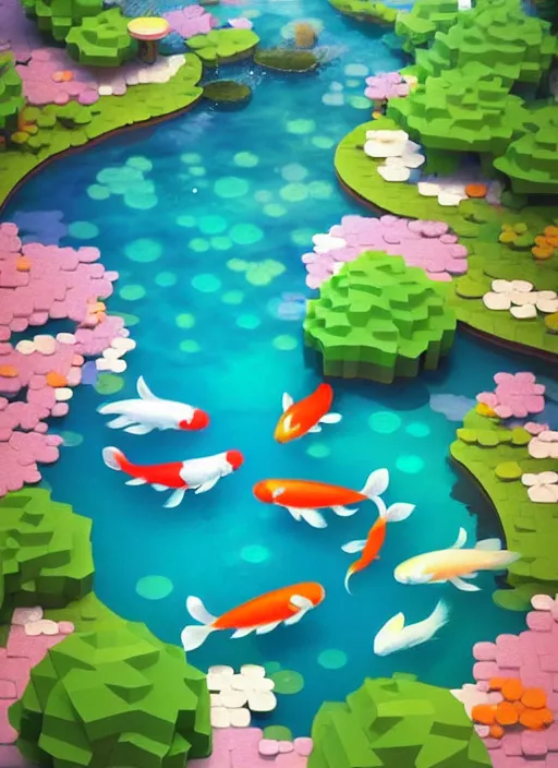 Image similar to pastel cute voxel art of a koi pond, behance, artstation, cute, Japanese, 3d render, unity, beautiful lighting, extremely beautiful, Huang Guangjian and Gil Elvgren and Sachin Teng , Greg Manchess