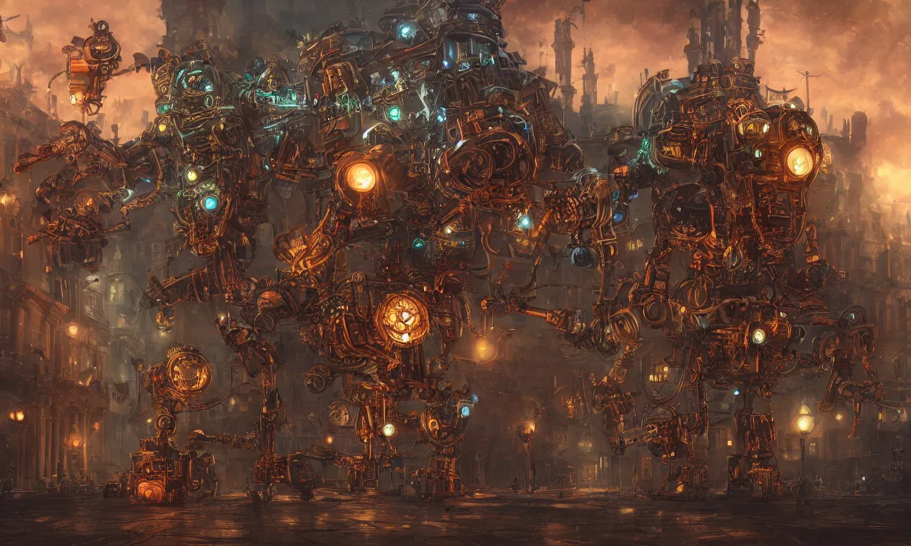 Image similar to giant steampunk robot gremlins invade victorian london at christmas, vivid colors, high details, cinematic, 8k resolution, beautiful detailed, photorealistic, digital painting, artstation, concept art, smooth, sharp focus, illustration, fantasy background, artstation trending, octane render, unreal engine