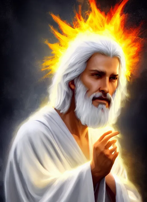 Image similar to « portrait of the white - haired jesus in a white robe and flaming yellow eyes, holding seven stars in right hand, high - contrast, intricate, elegant, highly detailed, digital painting, artstation, concept art, smooth, sharp focus, illustration »