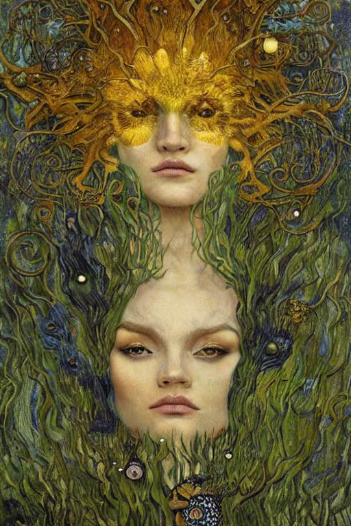 Image similar to Nature by Karol Bak, Jean Deville, Gustav Klimt, and Vincent Van Gogh, organic, fungi, moss, visionary, hair made of trees, botanicals, otherworldly, fractal structures, ornate gilded medieval icon, third eye, spirals