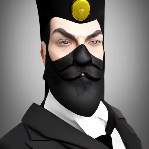 Image similar to a highly detailed portrait of a man in a high top hat covering his face, in a black tailcoat with a yellow waistcoat under the tailcoat, artstation, deviantart, professional, unreal engine 5, photorealistic