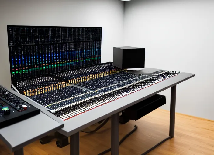 Image similar to studio photo still of an audio mixing board, 8 k, studio lighting, overhead spotlights