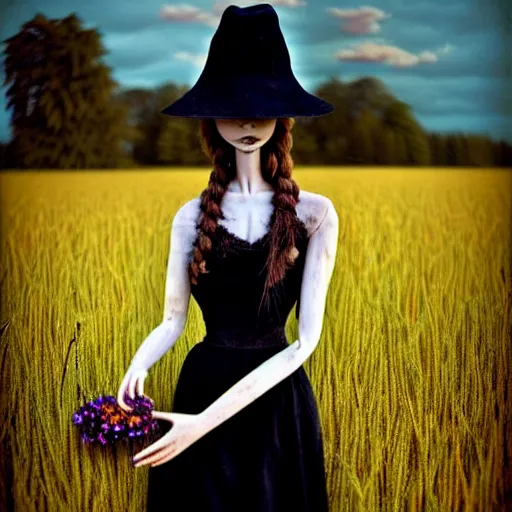 Prompt: a girl standing in a field, alone, wearing black dress and hat, doll in hand, detailed hands, by andrea kowch, dark, scene, magic realism, flowers, perspective