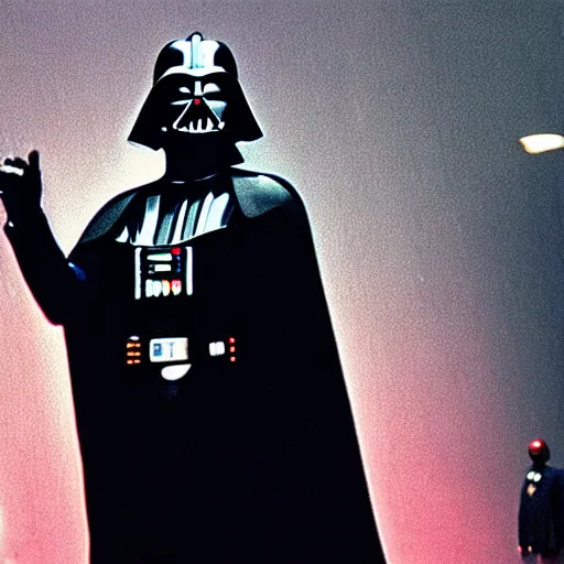 Prompt: photograph of darth vader speaking at a political rally