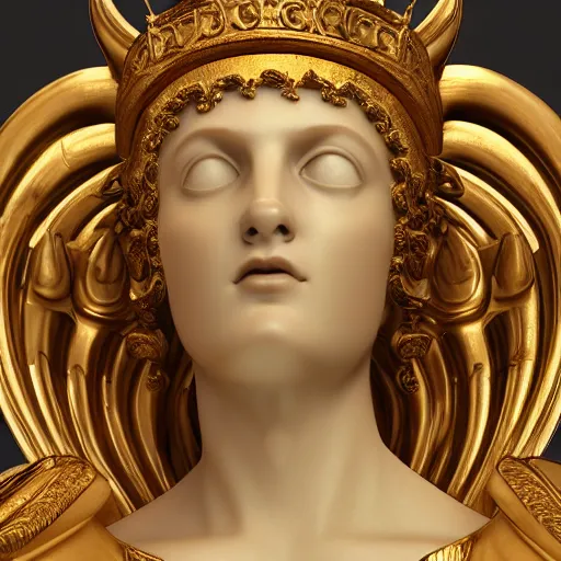 Image similar to side portrait of a goddes in the form of a greek sculpture in marble, with a gold crown, baroque elements, museum. photorealistic. colorful details. flash. intricate artwork by miguel angel. octane render. cinematic. 4 k. bokeh.