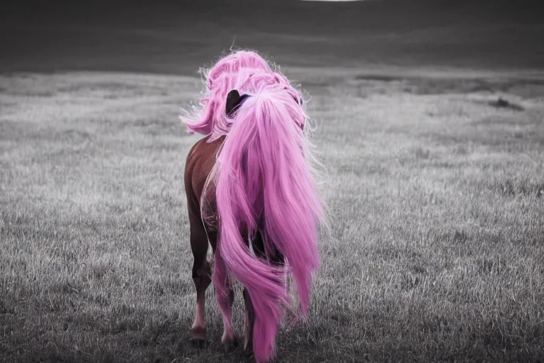 Image similar to Pinkie Pie equine, view from behind, pony facing away, professional photography and mood lighting, equine photo, sitting down, flowing mane and tail, relaxed expression