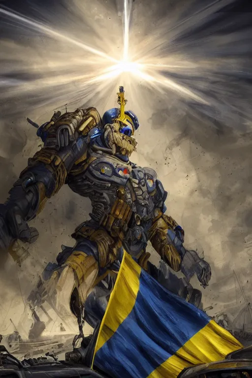 Image similar to a full body shot from distance of a super soldier with a Ukrainian blue and yellow stripes flag standing in the beam of light from the clouds on a pile of skulls and rotten cars as a winner, masculine figure, D&D, fantasy, intricate, elegant, highly detailed, digital painting, artstation, concept art, matte, sharp focus, symmetrical, illustration, hyperrealistic, art by Artgerm and Greg Rutkowski and Alphonse Mucha