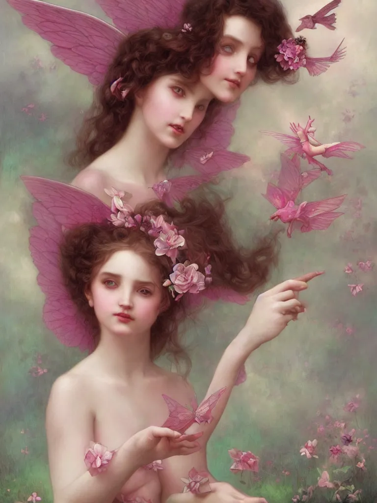 Image similar to one pink fairy with large wings exploring her lonely flower garden by herself in the style of tom bagshaw, william bouguereau, extremely detailed, muted colors, symmetrical face, large eyes, beautiful face