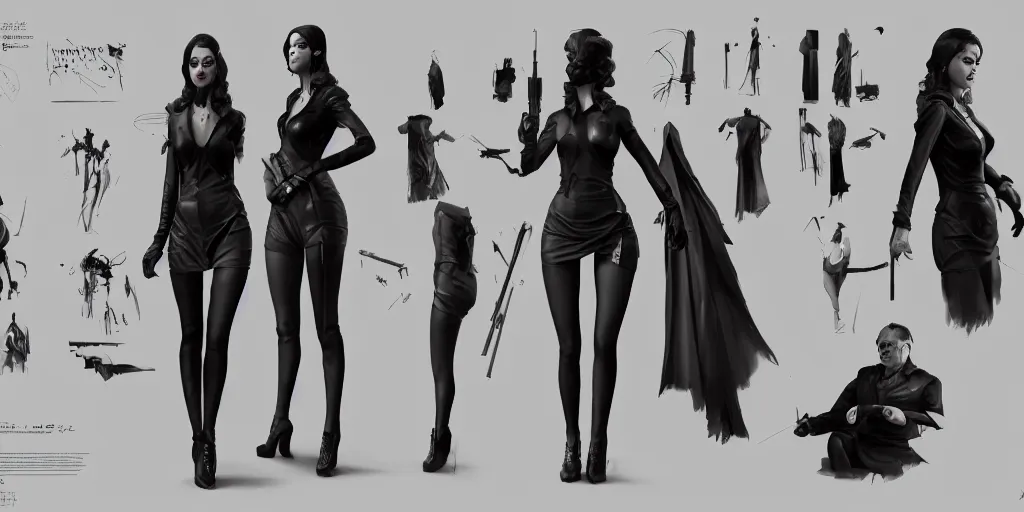 Prompt: film noir woman, character sheet, concept design, contrast, hot toys, kim jung gi, greg rutkowski, zabrocki, karlkka, jayison devadas, trending on artstation, 8 k, ultra wide angle, pincushion lens effect