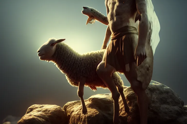 Image similar to biblical able holding a lamb, volumetric lighting, epic composition, hyper detailed, ultra realistic, sharp focus, octane render, volumetric, ray tracing, artstation trending, sense of awe, 4 k