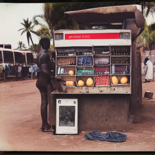 Prompt: old polaroids of futuristic african bus stops with informal sellers and digital screens, women selling fruit