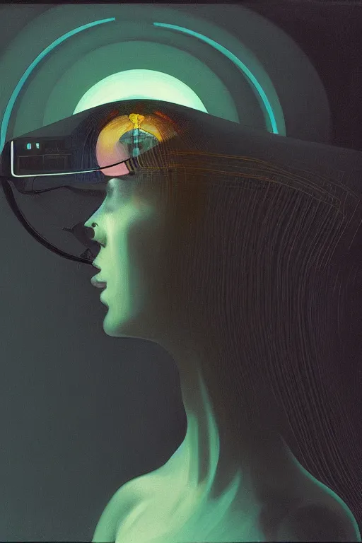 Image similar to woman wearing oculus and digital glitch head edward hopper and james gilleard, zdzislaw beksisnski, higly detailed