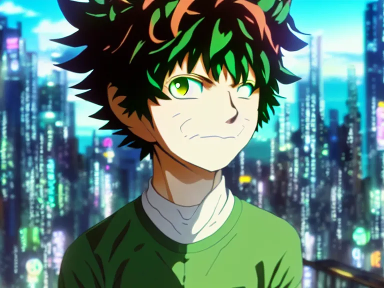 Image similar to anime fine details portrait of joyful Deku in front of cyberpunk moder city landscape on the background deep bokeh, close-up view, anime masterpiece by Studio Ghibli. 8k, sharp high quality anime, artstation