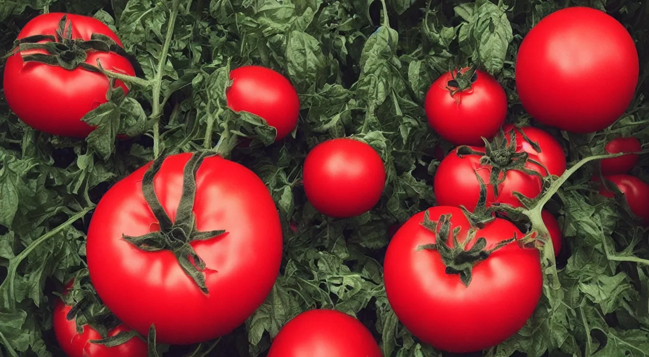 Prompt: “ a frighteningly red tomato, too red, glowing with an unearthly intensity, halos of light ”