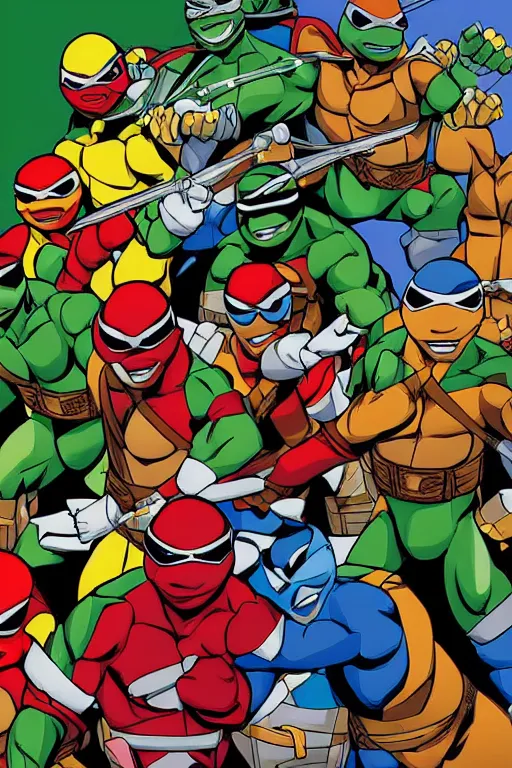 Prompt: the teenage mutant ninja turtles as power rangers, mosaic