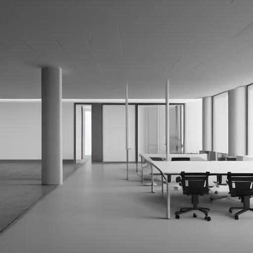 Image similar to symmetry, parallel perspective, parallax mapping of brutalist office, minimalist architecture, minimalist furniture, octane render, high quality