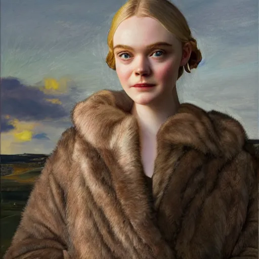 Image similar to Elle Fanning in a fur coat, religious masterpiece portrait, oil on canvas, golden hour, in the world of Andrew Wyeth, artstation, by J. C. Leyendecker and Peter Paul Rubens,