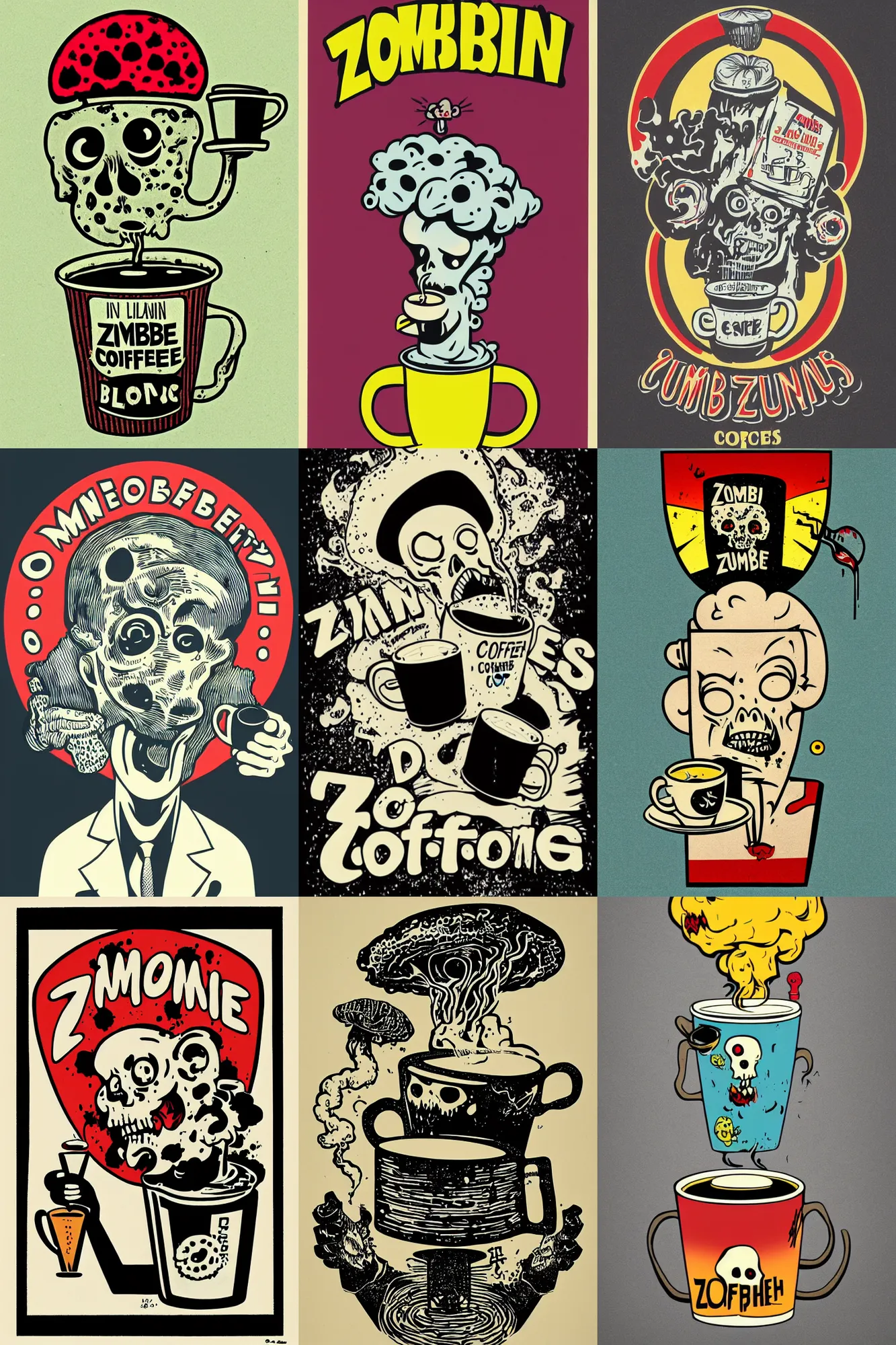 Prompt: zombie drinking coffee logo, brain mushroom cloud coming from cup, by mcbess, full colour print, vintage colours, 1950s