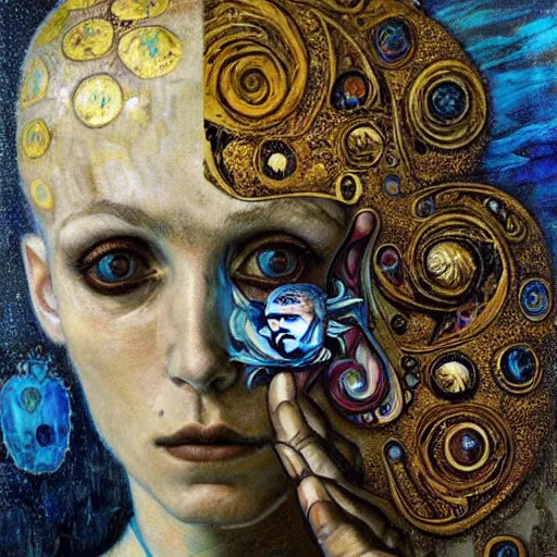 Prompt: Memento Mori by Karol Bak, Jean Deville, Gustav Klimt, and Vincent Van Gogh, beautiful visionary mystical portrait, otherworldly, fractal structures, ornate gilded medieval icon, third eye, spirals, beautiful ornate jeweled skull