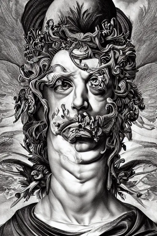 Prompt: Detailed maximalist portrait a Greek god with large white eyes and an angry face, HD mixed media 3d collage, highly detailed and intricate, surreal illustration in the style of Caravaggio, dark art, baroque