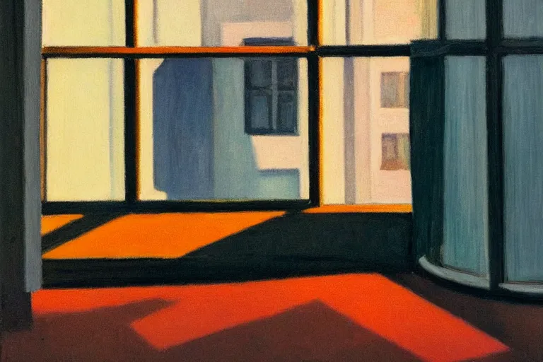 Prompt: looking out the window of a lonely apartment, evening light, in the style of Edward Hopper