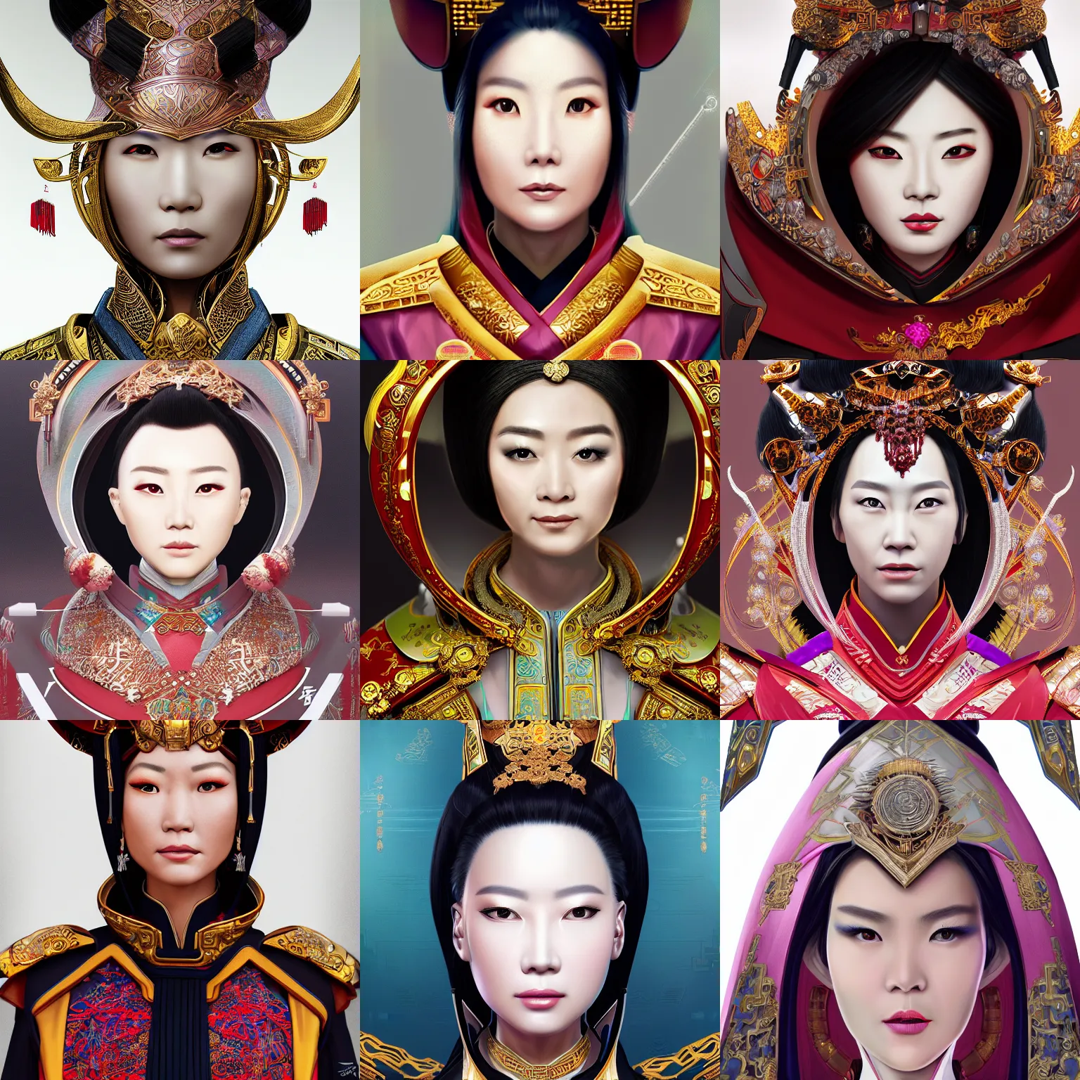 Prompt: Closeup portrait of a futuristic Chinese female emperor, sleek robes, jewellery, ornate, sci-fi concept art, artstation, matte painting