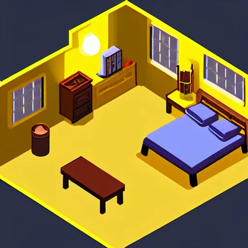 Prompt: rpg maker style bedroom, rpg game style, warm yellow lighting, isometric view, isometric perspective, 3 d, comforting