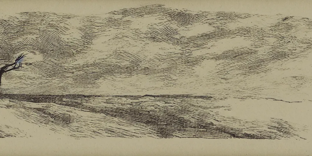 Image similar to a windy day, yellowed paper, pen and ink, 1 5 0 0 s, 8 k resolution