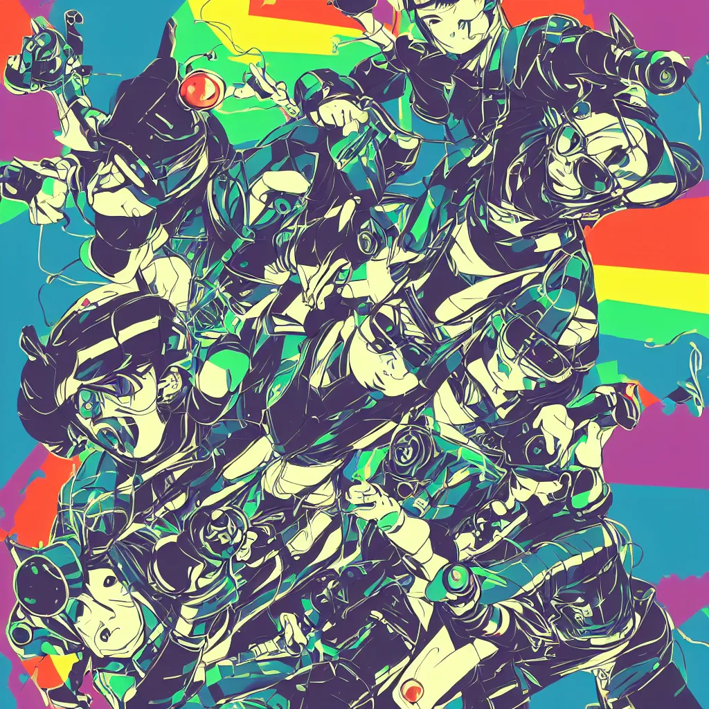 Prompt: in love ryuta ueda artwork, jet set radio artwork, stripes, gloom, space, cel - shaded art style, broken rainbow, data, minimal, speakers, code, cybernetic, dark, eerie, cyber